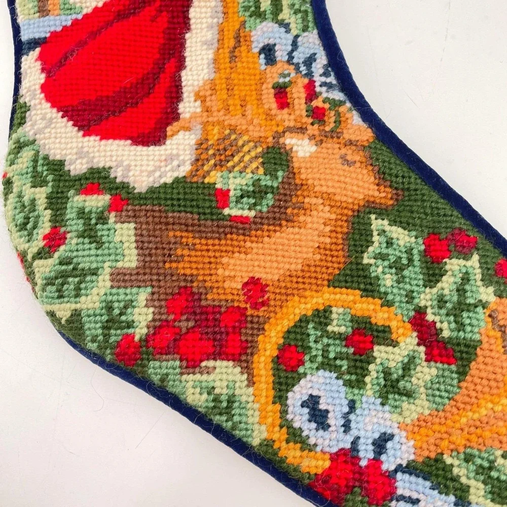 Vintage Needlepoint Christmas Stocking Santa Claus Reindeer Navy Velvet 19 inch
